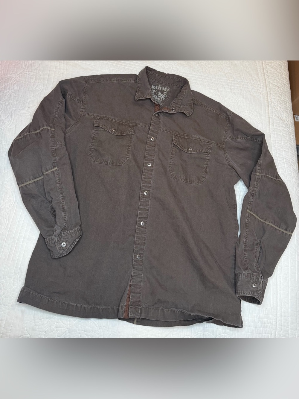 Kuhl Mens XL Gray Long Sleeve Snap Rugged Utility Outdoor Hiking Work Shirt